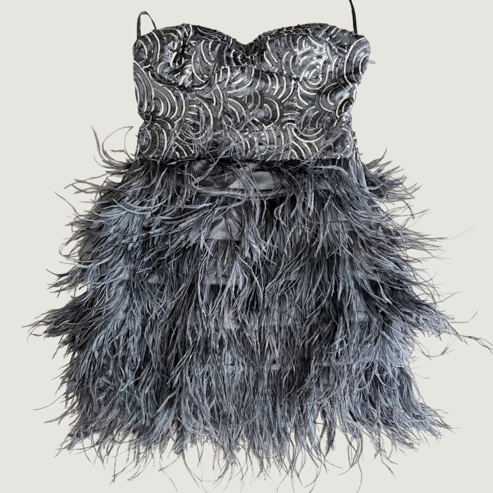 Bebe Womens Sequin Ostrich Feather Glam Gatsby Cocktail Party Mini Dress M/L